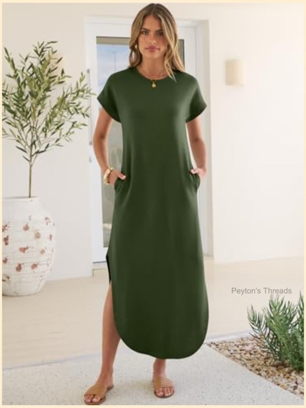Women's Maxi Dress with Pockets Short Sleeve Crew Neck Casual Loose Fit Summer - Picture 3 of 7